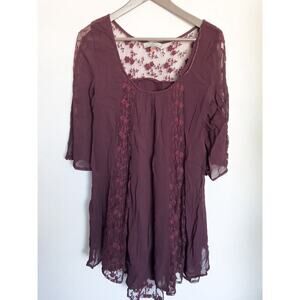 World Market Lace Chiffon Swing Dress 3/4 Sleeves S/M Burgundy Wine Maroon Boho